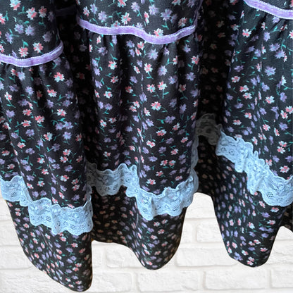 Vintage 70s Maxi Length Black Floral Prairie Dress with Lace Trim. Approx UK size 10-12