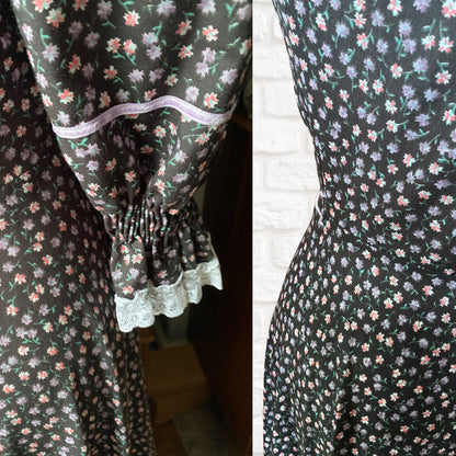Vintage 70s Maxi Length Black Floral Prairie Dress with Lace Trim. Approx UK size 10-12