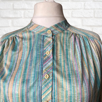 Green, White, Yellow and Pink Striped 70s Top with 3/4 Length Sleeves.  Approx UK size 20-24