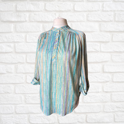 Green, White, Yellow and Pink Striped 70s Top with 3/4 Length Sleeves.  Approx UK size 20-24