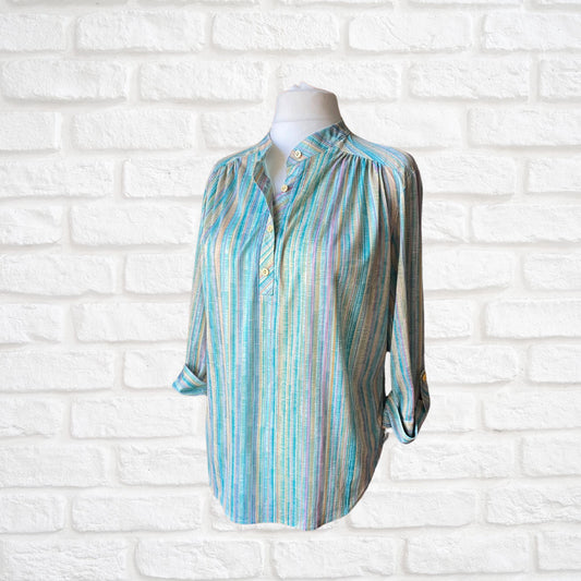 Green, White, Yellow and Pink Striped 70s Top with 3/4 Length Sleeves.  Approx UK size 20-24