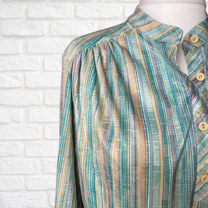 Green, White, Yellow and Pink Striped 70s Top with 3/4 Length Sleeves.  Approx UK size 20-24