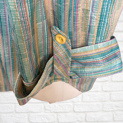 Green, White, Yellow and Pink Striped 70s Top with 3/4 Length Sleeves.  Approx UK size 20-24