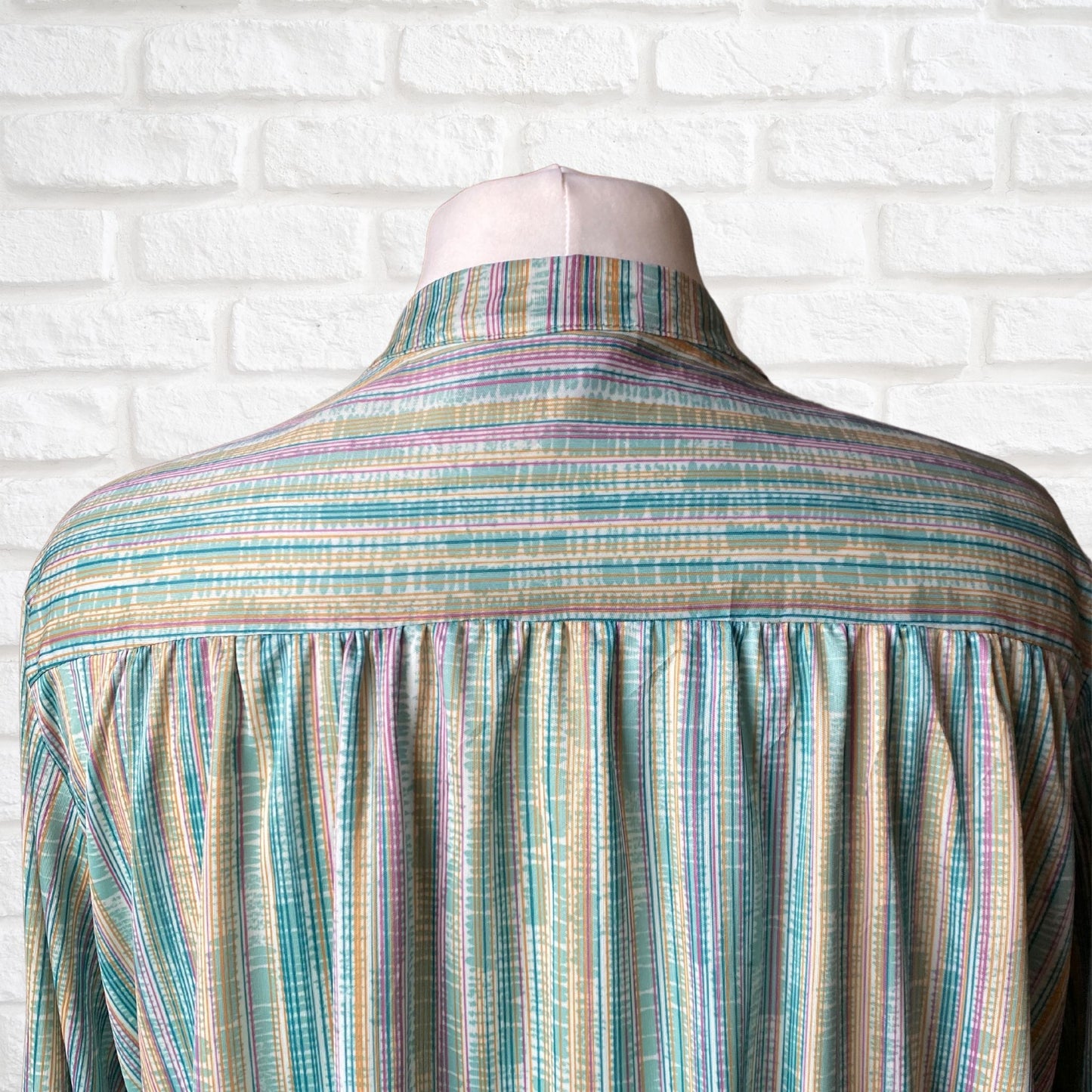 Green, White, Yellow and Pink Striped 70s Top with 3/4 Length Sleeves.  Approx UK size 20-24