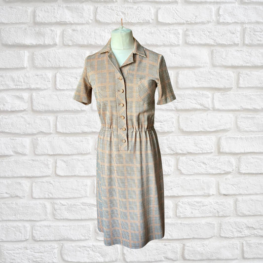 Vintage 70s Checked Shirtwaist Midi Dress in Beige, Orange, and Brown. Approx UK size 10-12