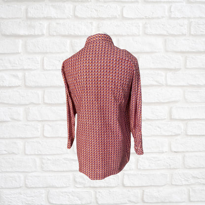 1970s Geometric Print Long Sleeved Dagger Collar Cotton Vintage Shirt. Approx UK size XL to XXL (men)  18-20 ( women)