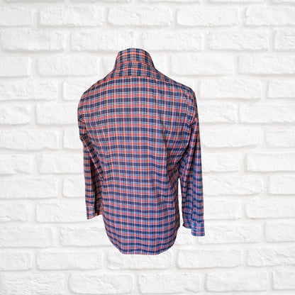 70s Red and Blue Checked Vintage Shirt with Dagger Collar. Approx UK size M to L (men) 12 - 14 (women)