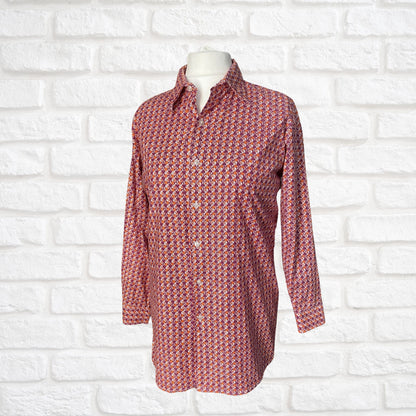1970s Geometric Print Long Sleeved Dagger Collar Cotton Vintage Shirt. Approx UK size XL to XXL (men)  18-20 ( women)