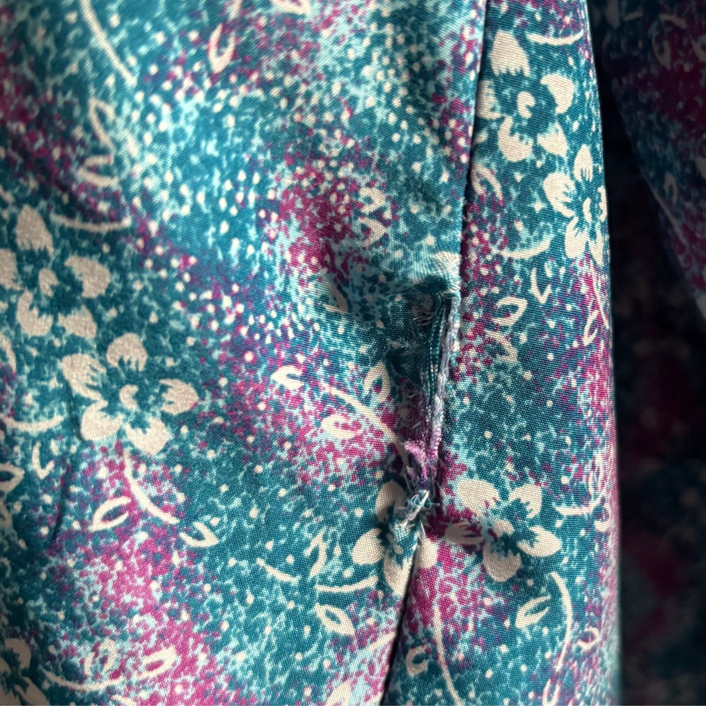 Teal, purple and white floral vintage secretary blouse with pussy bow collar. Approx UK size 18-22