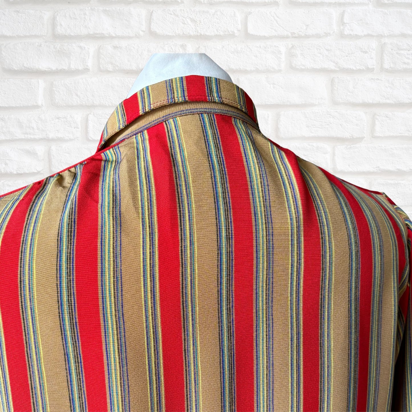 Vintage Dark Mustard and Red Striped Long-Sleeved Blouse with small straight collar .Approx UK size 8-12