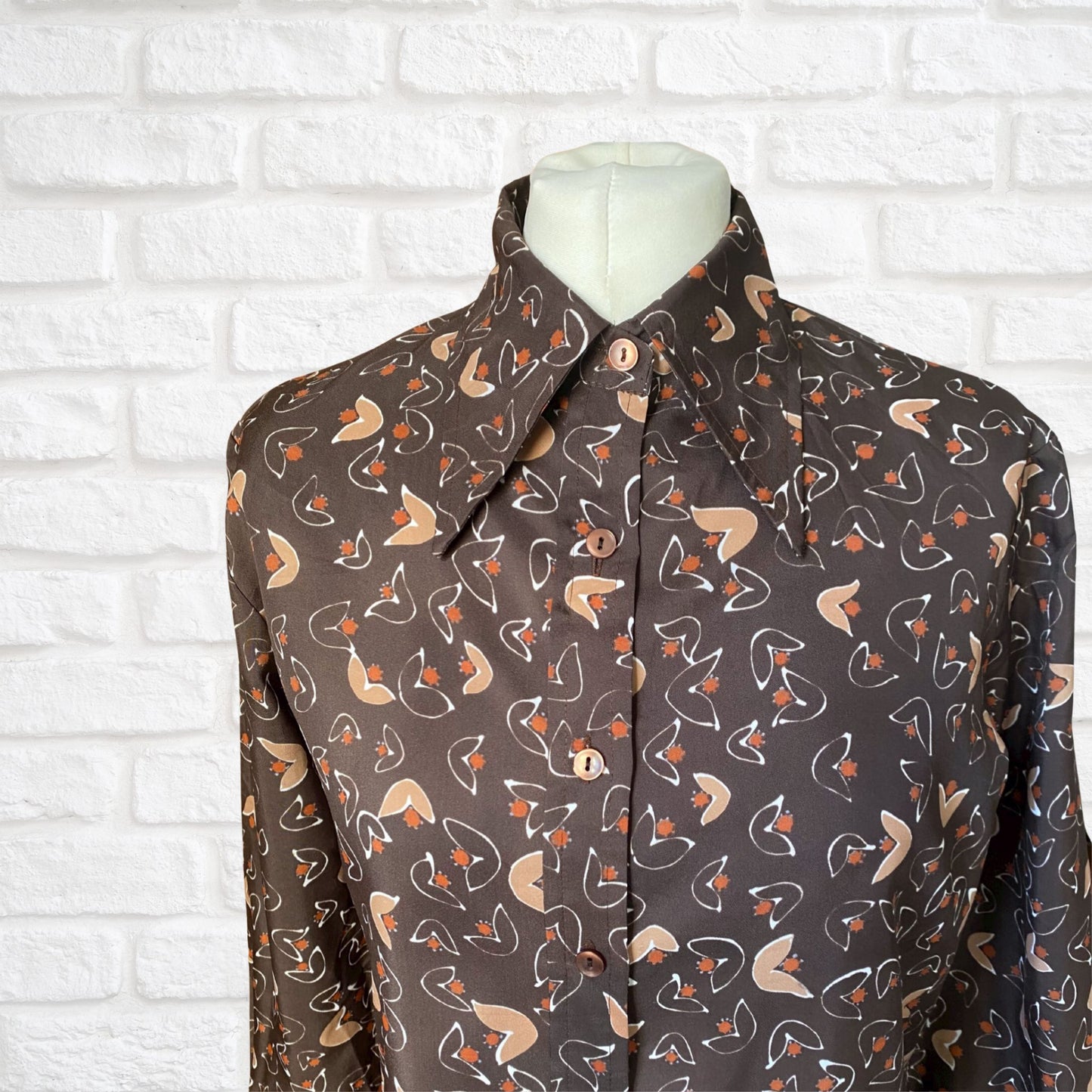 70s Brown, White,Grey and Orange Abstract Print Dagger Collar Shirt. Approx UK size 10-14