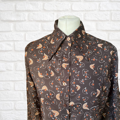 70s Brown, White,Grey and Orange Abstract Print Dagger Collar Shirt. Approx UK size 10-14