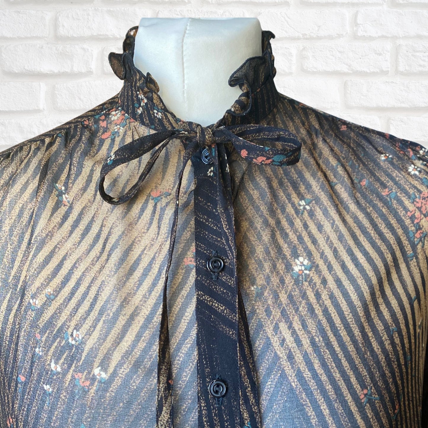Vintage 80s Semi Sheer Black Floral and Striped Frill Neck Blouse.Approx UK size 10-14