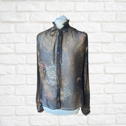 Vintage 80s Semi Sheer Black Floral and Striped Frill Neck Blouse.Approx UK size 10-14