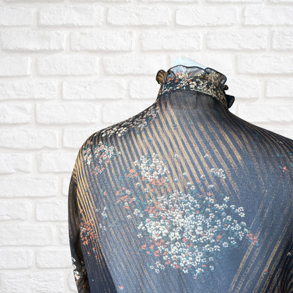 Vintage 80s Semi Sheer Black Floral and Striped Frill Neck Blouse.Approx UK size 10-14