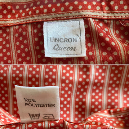 Red and Gold Polka Dot Striped 70s Dagger Collar Blouse. Approx UK size 18-22