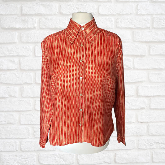Red and Gold Polka Dot Striped 70s Dagger Collar Blouse. Approx UK size 18-22
