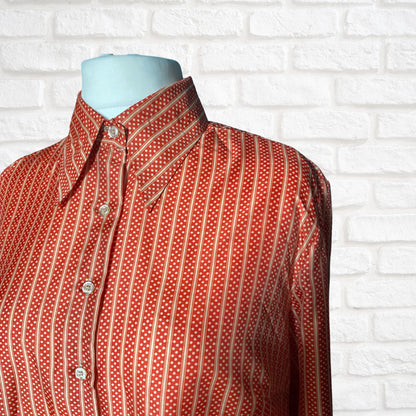 Red and Gold Polka Dot Striped 70s Dagger Collar Blouse. Approx UK size 18-22