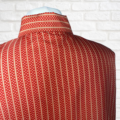 Red and Gold Polka Dot Striped 70s Dagger Collar Blouse. Approx UK size 18-22