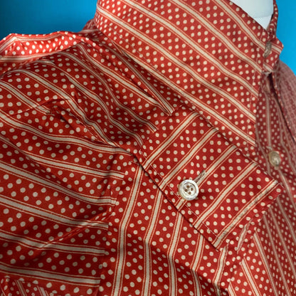 Red and Gold Polka Dot Striped 70s Dagger Collar Blouse. Approx UK size 18-22