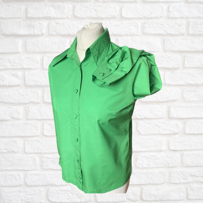 70s Vibrant Green Long Sleeved Vintage Blouse with Dagger Collar .  Approx UK size 10-12