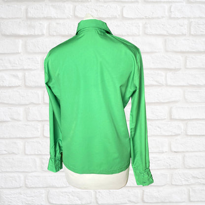 70s Vibrant Green Long Sleeved Vintage Blouse with Dagger Collar .  Approx UK size 10-12