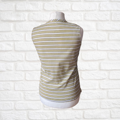 Stylish Vintage 60s Yellow, White, and Black Striped Sleeveless Top with Keyhole Tie Neckline . Approx UK size 14-18