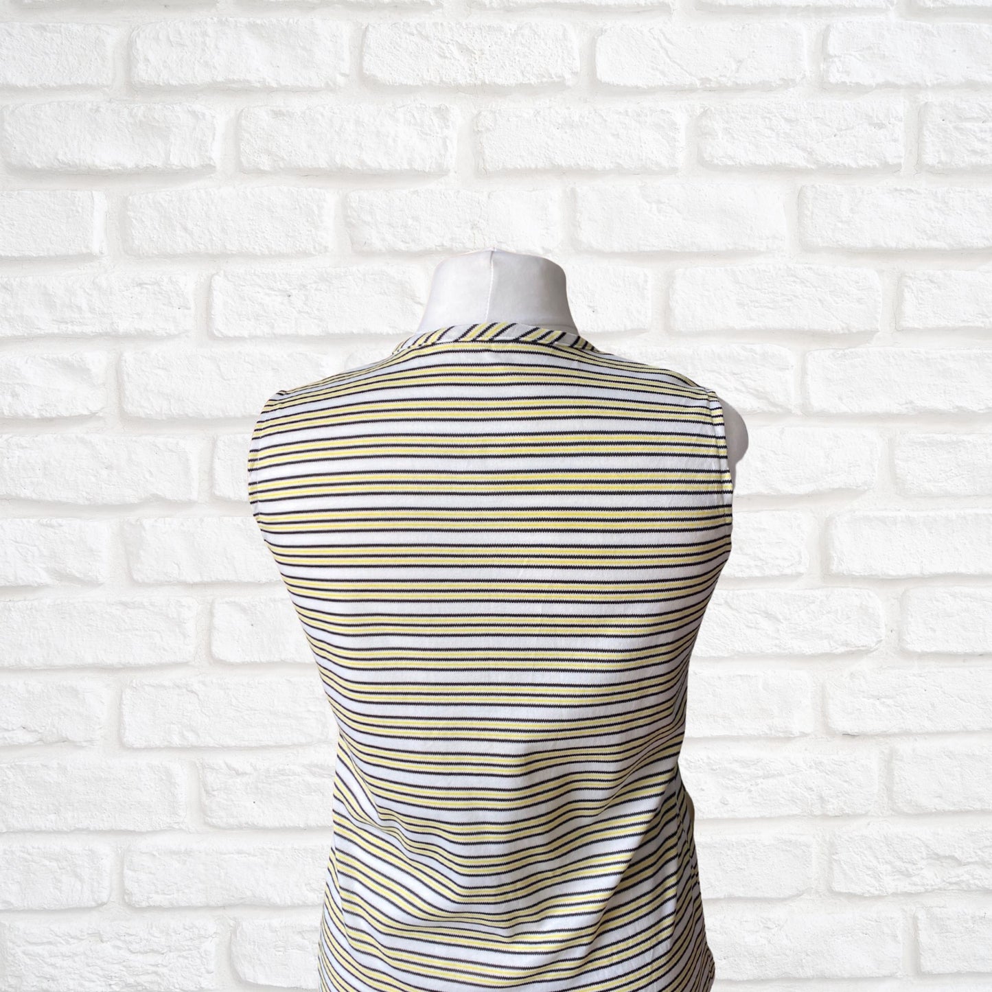 Stylish Vintage 60s Yellow, White, and Black Striped Sleeveless Top with Keyhole Tie Neckline . Approx UK size 14-18