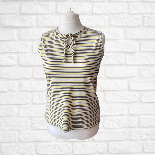 Stylish Vintage 60s Yellow, White, and Black Striped Sleeveless Top with Keyhole Tie Neckline . Approx UK size 14-18