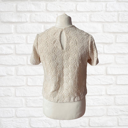 Vintage 60s Cream Floral Lace Short Sleeved Top. Approx UK size 10-12