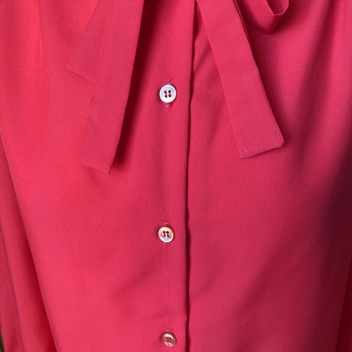 Red 80s secretary blouse with high frill collar and tie neck. Approx UK size 10-12