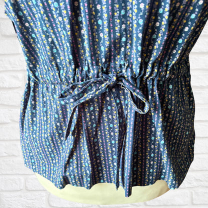 70s blue floral short sleeved cotton peplum blouse with drawstring waist. Approx UK size 14 -18