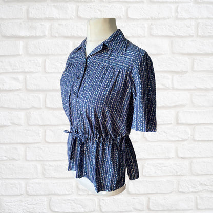 70s blue floral short sleeved cotton peplum blouse with drawstring waist. Approx UK size 14 -18