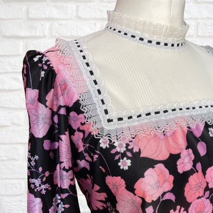 60s high necked long sleeved black and pink floral blouse  . Approx UK size 10-12