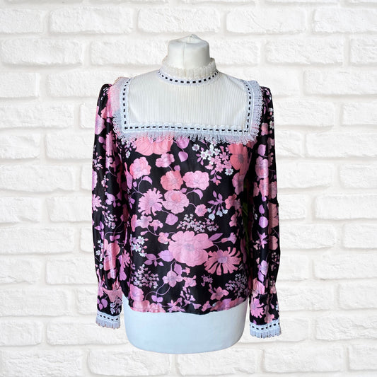 60s high necked long sleeved black and pink floral blouse  . Approx UK size 10-12
