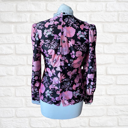 60s high necked long sleeved black and pink floral blouse  . Approx UK size 10-12