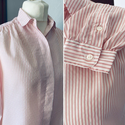 80s red and white striped tab collar blouse. Approx U.K. size 10-14