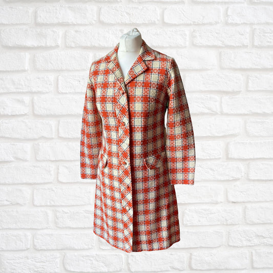 Mod style 60s cream, orange and black geometric print coat dress. Approx UK size 8-10