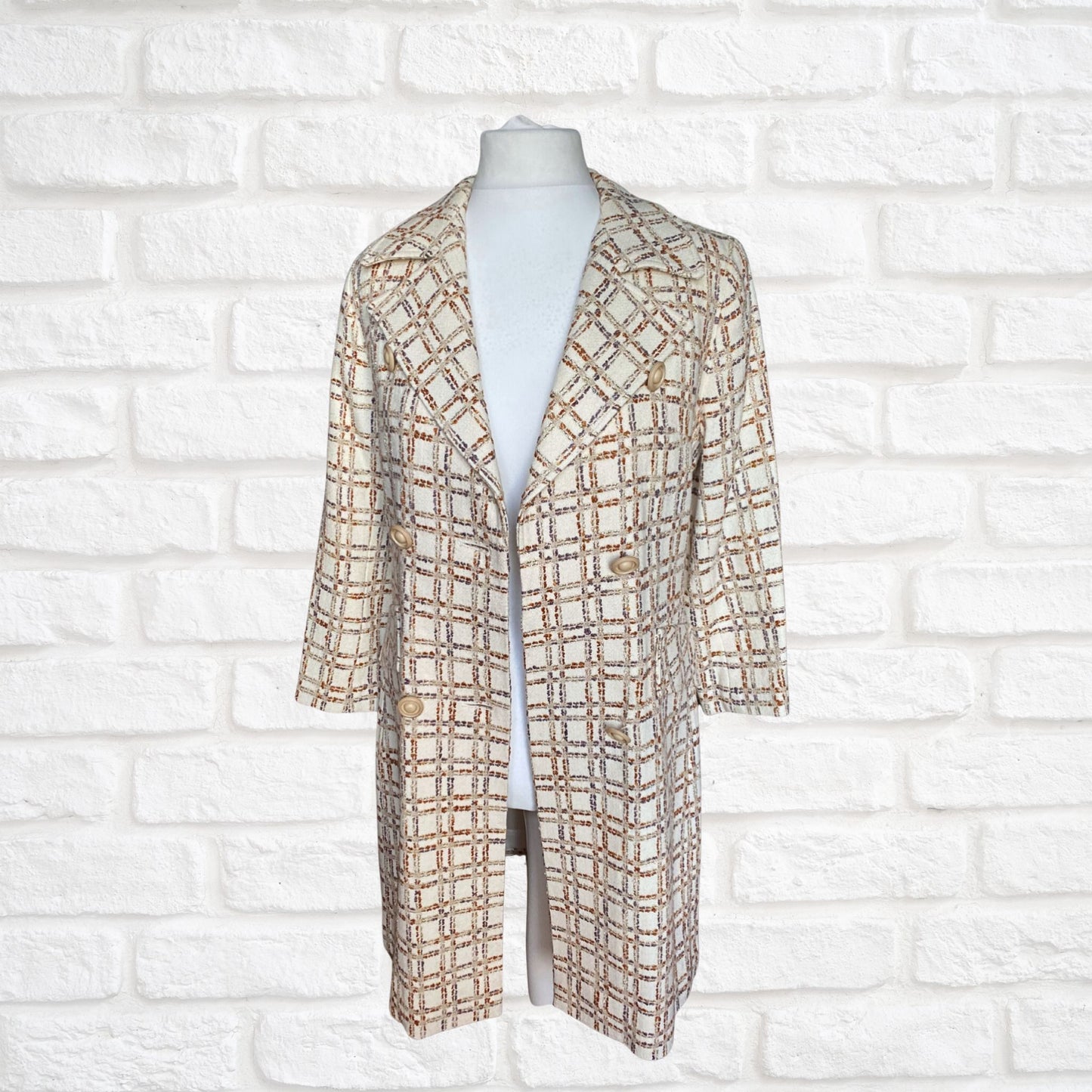 Vintage 60s/70s Cream and Copper Wool Blend Checked Vintage Coat Approx UK size 12-14