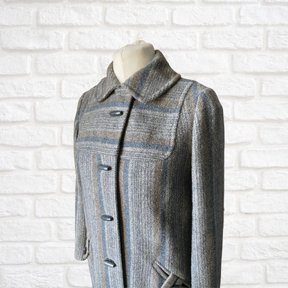 Vintage 70s Grey Blue Wool Midi Coat - Classic Style and Timeless Elegance.  Approx UK size 10-12