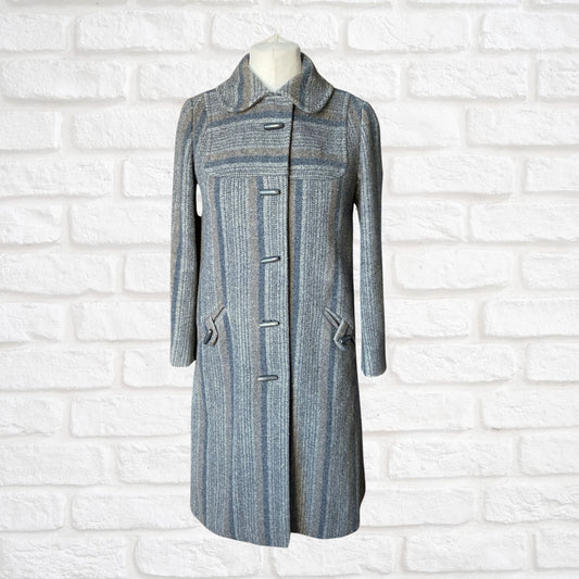 Vintage 70s Grey Blue Wool Midi Coat - Classic Style and Timeless Elegance.  Approx UK size 10-12