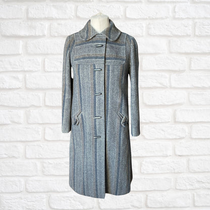 Vintage 70s Grey Blue Wool Midi Coat - Classic Style and Timeless Elegance.  Approx UK size 10-12