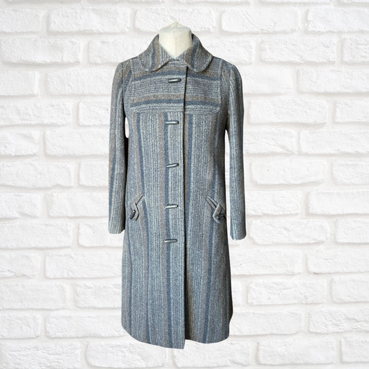 Vintage 70s Grey Blue Wool Midi Coat - Classic Style and Timeless Elegance.  Approx UK size 10-12