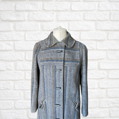 Vintage 70s Grey Blue Wool Midi Coat - Classic Style and Timeless Elegance.  Approx UK size 10-12