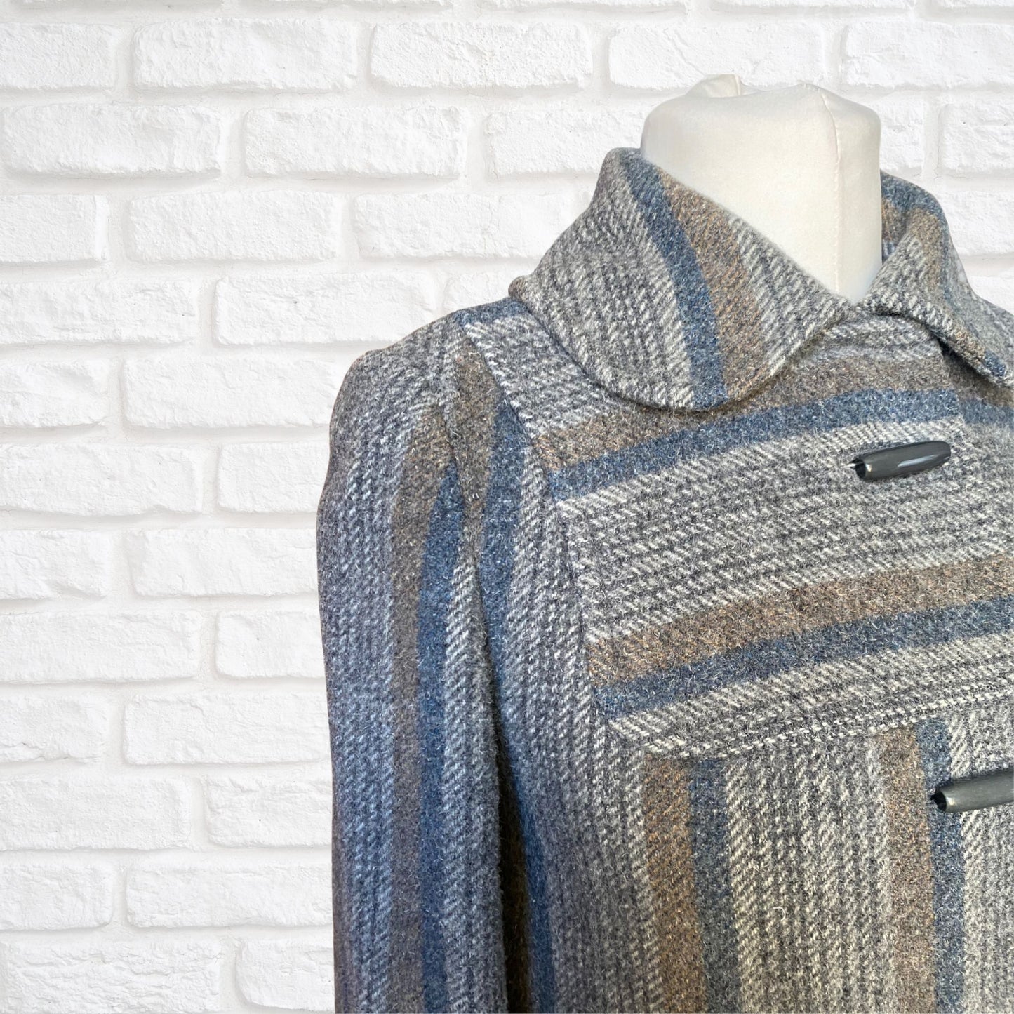 Vintage 70s Grey Blue Wool Midi Coat - Classic Style and Timeless Elegance.  Approx UK size 10-12