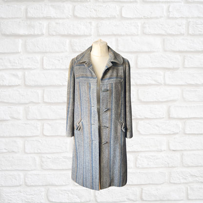 Vintage 70s Grey Blue Wool Midi Coat - Classic Style and Timeless Elegance.  Approx UK size 10-12