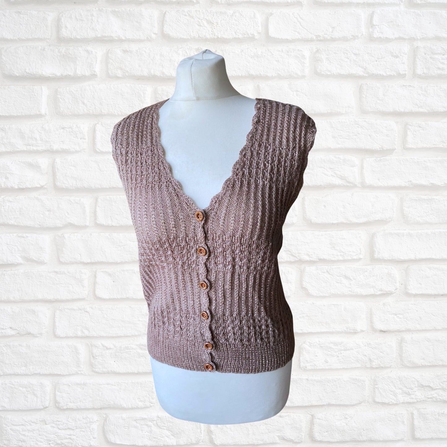 Hand Knitted Mink Brown Vintage Waistcoat with Cute Wooden Buttons.Approx UK size 8-10