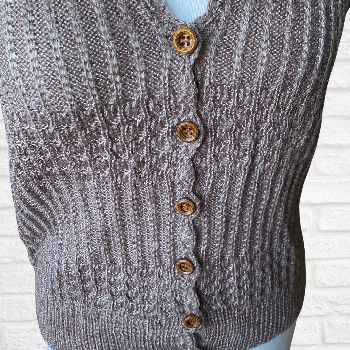 Hand Knitted Mink Brown Vintage Waistcoat with Cute Wooden Buttons.Approx UK size 8-10