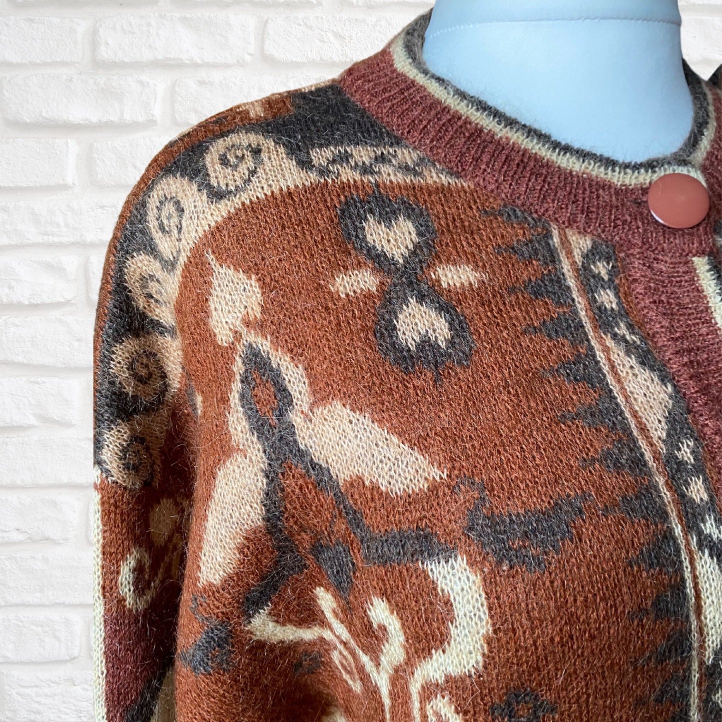 Vintage Brown and Cream Mohair Blend Abstract Print Cardigan. Approx U.K. size 16-24