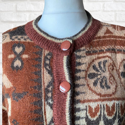 Vintage Brown and Cream Mohair Blend Abstract Print Cardigan. Approx U.K. size 16-24
